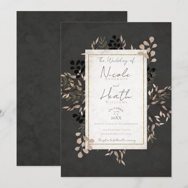 Invitation Feuilles botaniques chic grises rose doré mariage (Devant / Derrière)