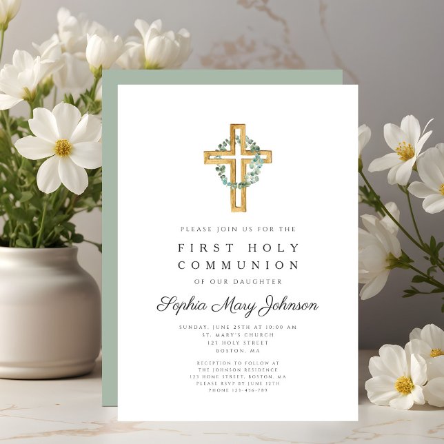 Invitation Feuilles Botaniques Élégantes Croix Première Commu (Elegant Botanical Leaves Cross First Communion Invitation)
