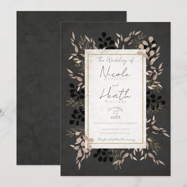 Invitation Feuilles Botaniques Élégantes Gris Rose Doré Maria (Devant / Derrière)
