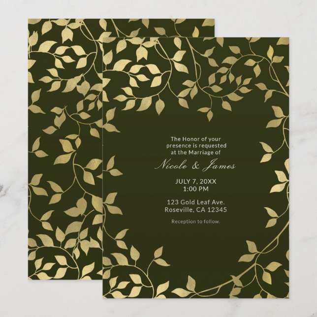 Invitation Feuilles Botaniques en Faux Feuille Dorée et Verte (Devant / Derrière)