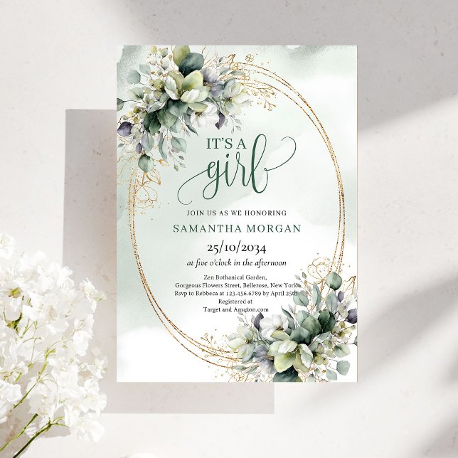Invitation Feuilles Botaniques Vert Poussiéreux C'est Une Fil (Dusty Green Botanical Leaves It’s A Girl Invitation)