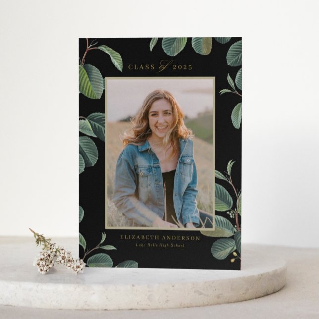 Invitation Feuilles botaniques vintages - Photo noire (Customizable botanical photo graduation invitation featuring watercolor greenery and elegant script.)