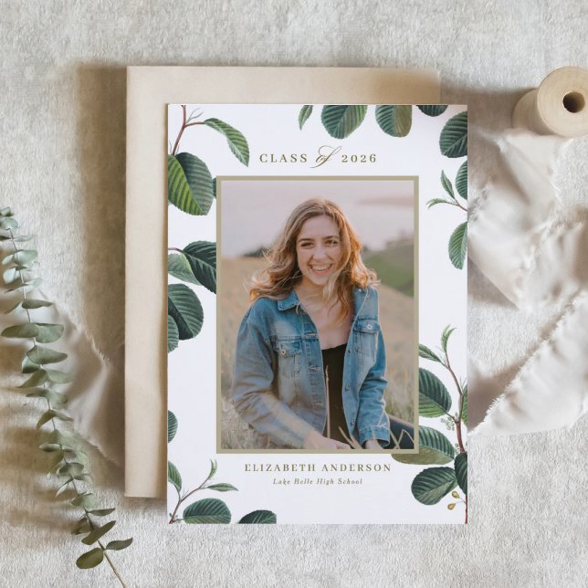 Invitation Feuilles botaniques vintages White Photo Graduatio (Customizable photo graduation invitation featuring botanical greenery.)