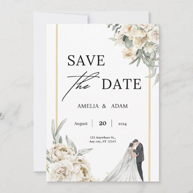 Invitation Feuilles chic vert et beige sauvez le Mariage date (Devant)
