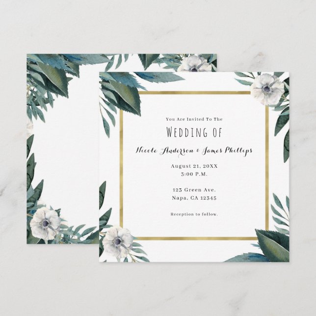 Invitation Feuilles d'anémone vert floral et or mariage rusti (Devant / Derrière)
