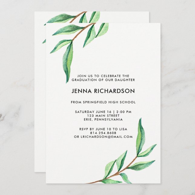 Invitation Feuilles d'aquarelle botanique | Fête de l'obtenti (Devant / Derrière)