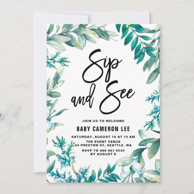 Invitation Feuilles d'aquarelle et Berries Wreath Sip and See (Devant)