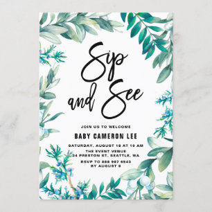 Invitation Feuilles d'aquarelle et Berries Wreath Sip and See