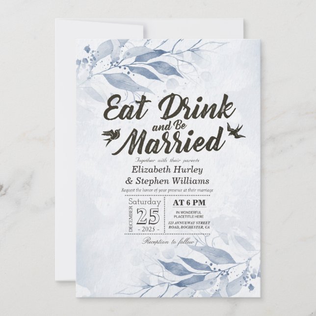 Invitation Feuilles d'aquarelle MANGER BOIRE & ÊTRE MARIÉS Ma (Devant)