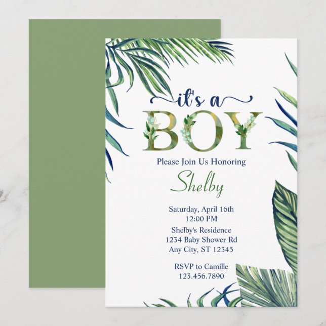 Invitation Feuilles d'aquarelle moderne C'est un Baby shower  (Devant / Derrière)