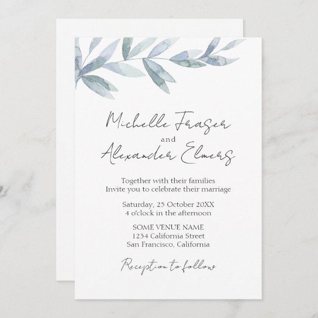 Invitation Feuilles d'aquarelle simple mariage classique élég (Devant / Derrière)