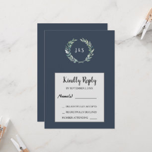 Invitation Feuilles d'aquarelle sur bleu marine monogrammed R