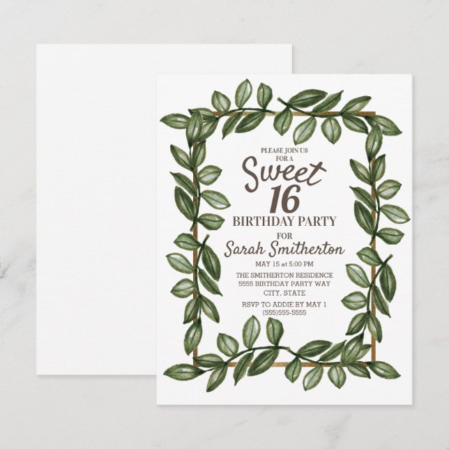 Invitation Feuilles d'aquarelle verte Or blanc Sweet 16 (Devant / Derrière)