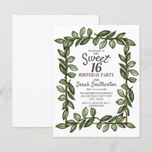 Invitation Feuilles d'aquarelle verte Or blanc Sweet 16