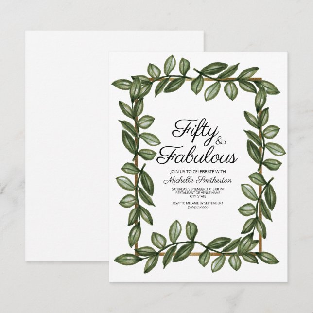 Invitation Feuilles d'aquarelle verte sur fond blanc or 50e a (Devant / Derrière)