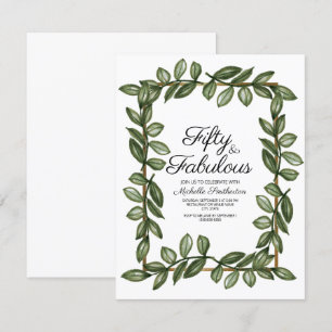 Invitation Feuilles d'aquarelle verte sur fond blanc or 50e a