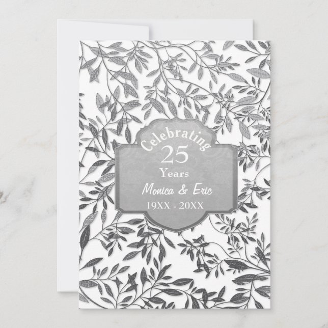 Invitation Feuilles d'Argent 25e Anniversaire de Mariage Blan (Devant)
