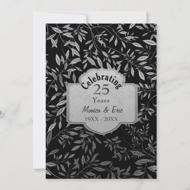 Invitation Feuilles d'argent 25e anniversaire Mariage Noir (Devant)