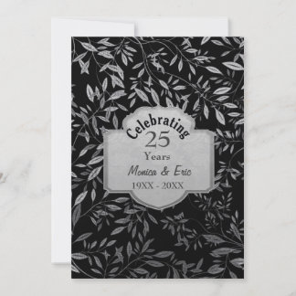 Invitation Feuilles d'argent 25e anniversaire Mariage Noir