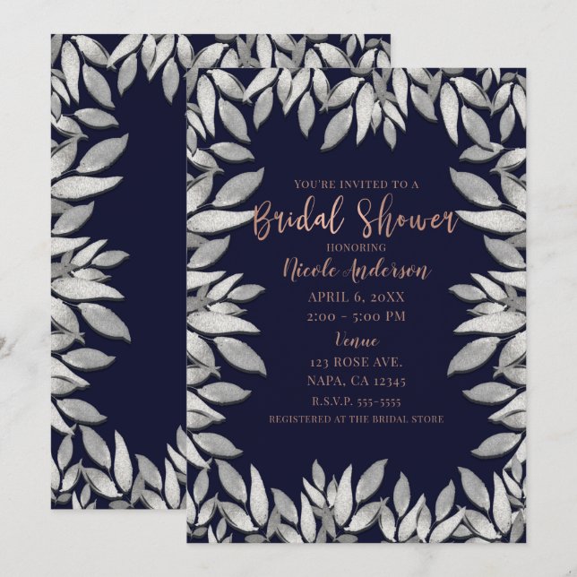 Invitation Feuilles d'Argent Botanique Glam Bleu Rose Mariage (Devant / Derrière)