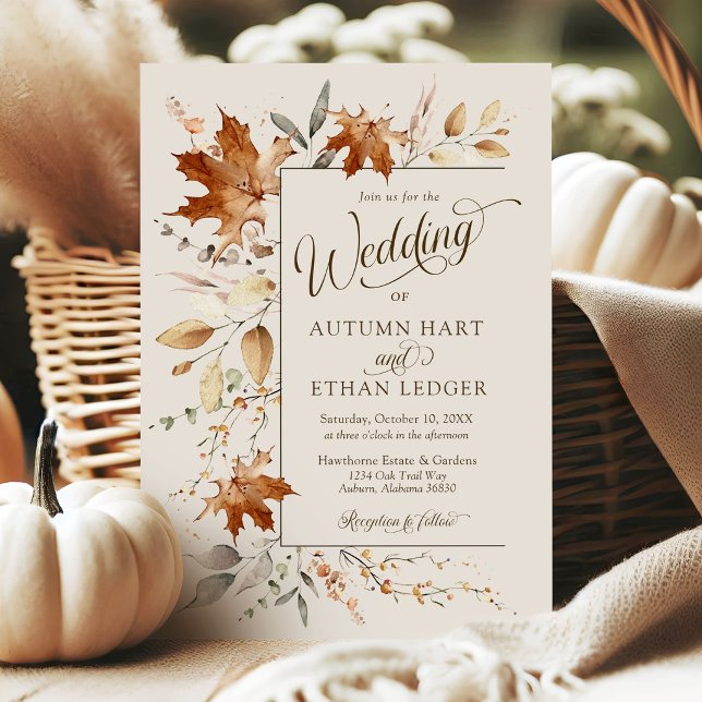Invitation Feuilles d'automne à l'aquarelle Mariage rustique  (Elegant watercolor Autumn leaves modern ivory rustic boho QR code rsvp Fall wedding invitations)