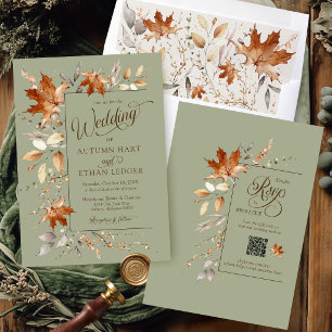 Invitation Feuilles d'automne à l'aquarelle Vert sauge Mariag