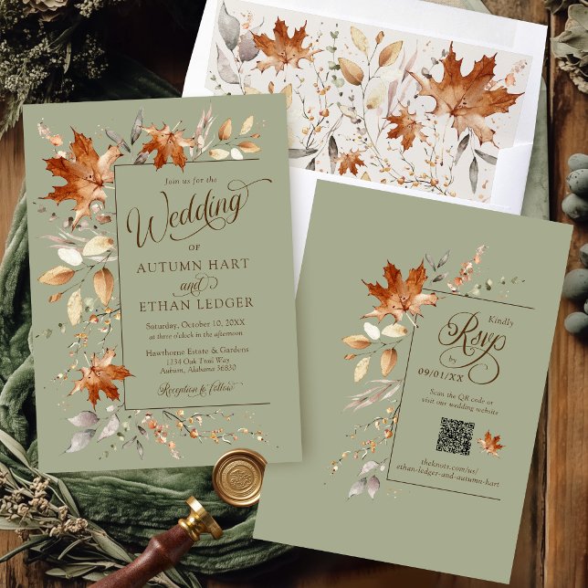 Invitation Feuilles d'automne à l'aquarelle Vert sauge Mariag (Elegant watercolor Autumn leaves modern sage green boho rustic Fall leaf QR code wedding invitation)