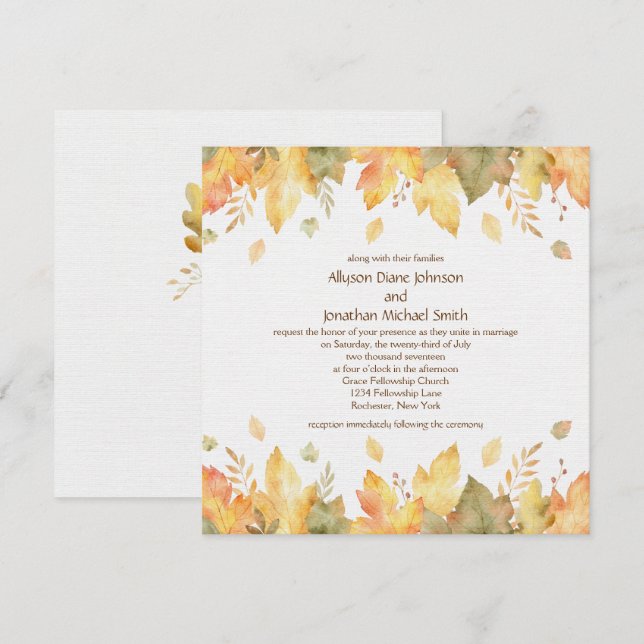 Invitation Feuilles d'automne aquarelle rustique carré 3 | (Devant / Derrière)