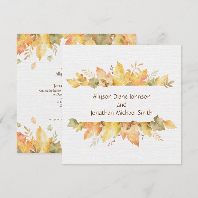 Invitation Feuilles d'automne aquarelles rustiques carré | (Devant / Derrière)