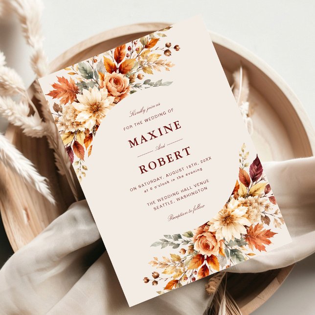 Invitation Feuilles d'automne Automne Botanique Aquarelle Mar (Fall leaves botanical watercolor invitation adds timeless autumn elegance to your wedding.)