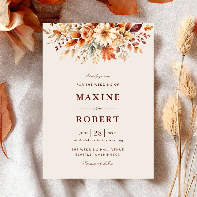 Invitation Feuilles d'automne Automne Botanique Aquarelle Mar (Fall leaves botanical watercolor invitation celebrates your autumn wedding beautifully.)