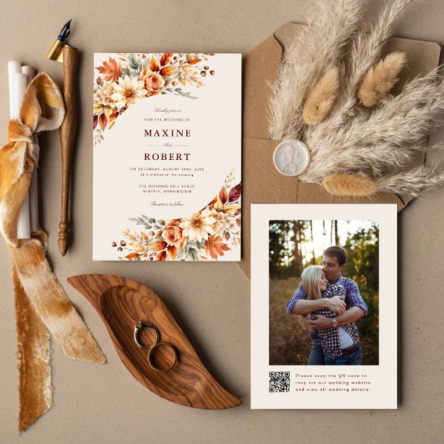 Invitation Feuilles d'automne Automne Botanique Code QR Photo (Fall leaves QR code photo invitation lets guests share in your autumn love story.)