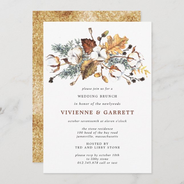 Invitation Feuilles d'automne Blanc Floral Post Mariage Brunc (Devant / Derrière)