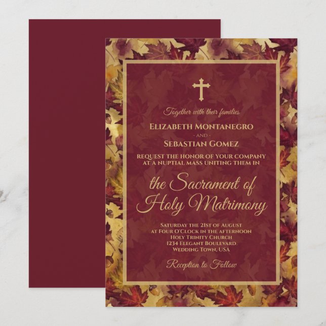 Invitation Feuilles d'automne Bourguigne et Or Mariage Cathol (Devant / Derrière)