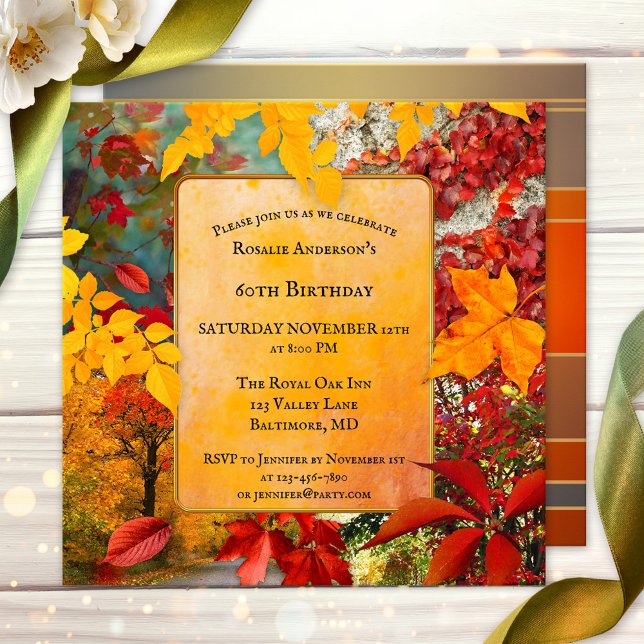 Invitation Feuilles d'automne colorées Anniversaire ou retrai (Artistic boho chic fall birthday party invitation with colorful autumn leaves - or retirement!)