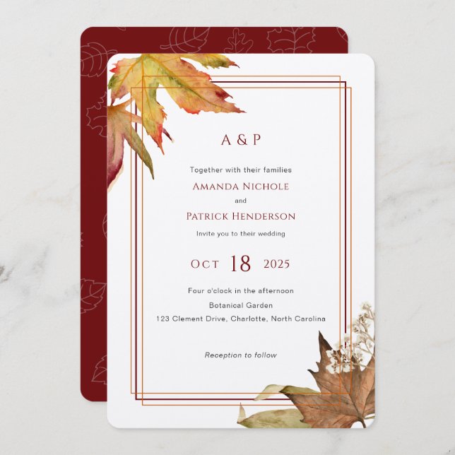 Invitation Feuilles d'automne d'aquarelle moderne, Mariage de (Devant / Derrière)