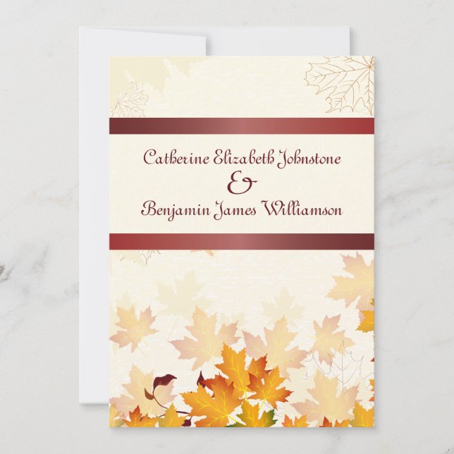 Invitation Feuilles d'automne dorées avec Mariage rouge (Devant)