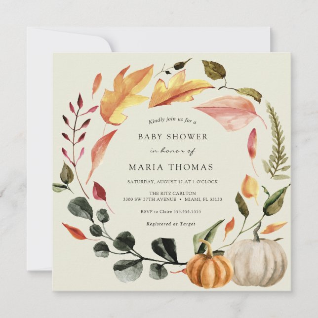 Invitation Feuilles d'automne et Baby shower Citrouille (Devant)