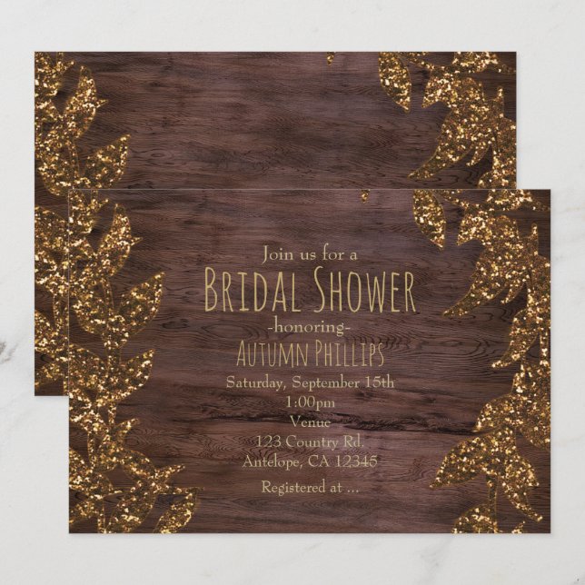 Invitation Feuilles d'automne fausses paillettes dorées Glam (Devant / Derrière)