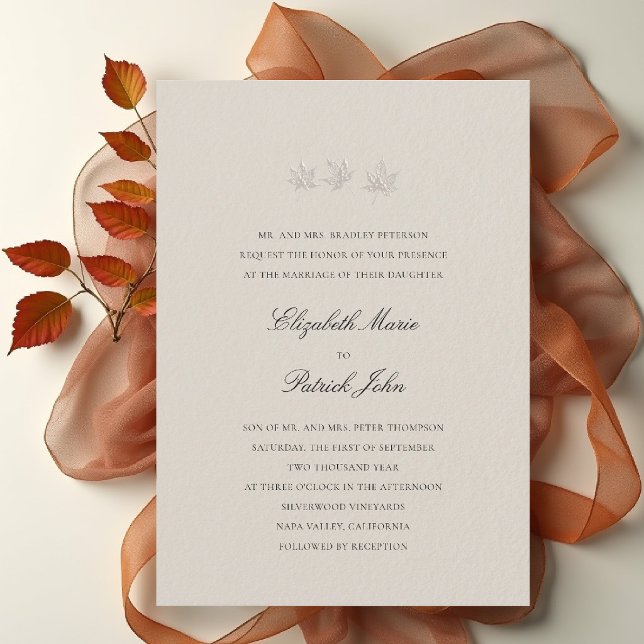 Invitation Feuilles d'automne Formel Moderne Classique Blé Ma (fall leaves wedding invitation formal modern classic black tie autumn botanical elegant wheat beige)