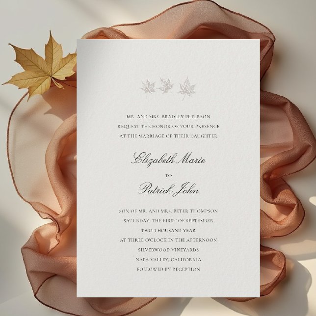 Invitation Feuilles d'automne Formel Moderne Classique Crème  (fall leaves wedding invitation formal modern classic black tie autumn botanical elegant ecru beige)