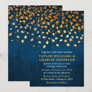 Invitation Feuilles d'automne Grunge Gold et Mariage bleu