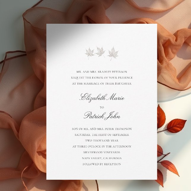 Invitation Feuilles d'automne Mariage Formel Moderne Classiqu (fall leaves wedding invitation formal modern classic black tie autumn botanical elegant white)