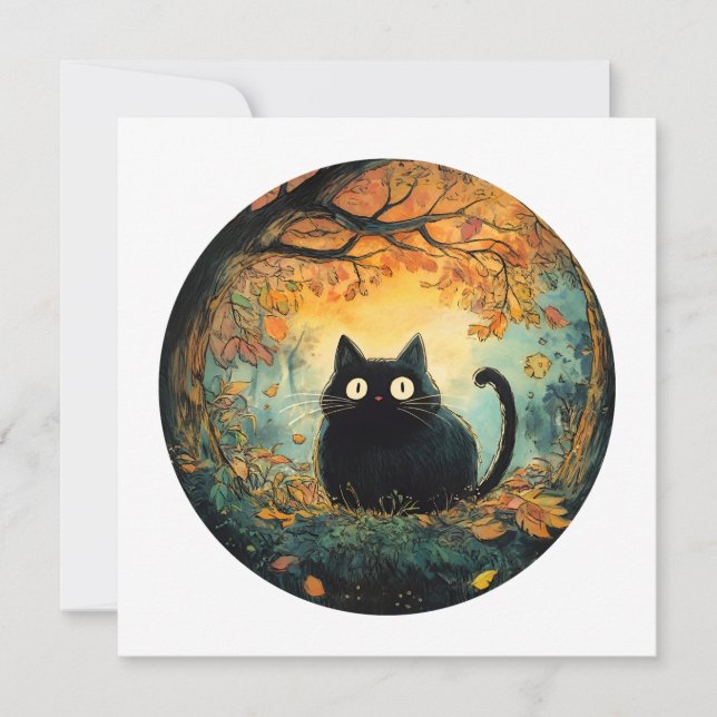 Invitation Feuilles d'automne pelucheuse automne chat noir da (Devant)