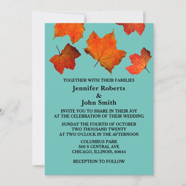 Invitation Feuilles de automne rustique Brûlé orange Turquois (Devant)