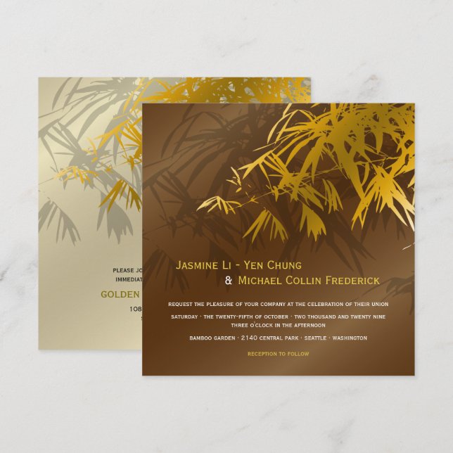 Invitation Feuilles de bambou Zen or et marron chic mariage a (Devant / Derrière)
