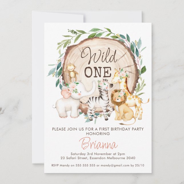 Invitation Feuilles de bois Filles Safari premier anniversair (Devant)