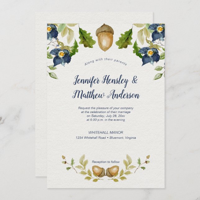 Invitation Feuilles de chêne Floral bleu Acorns Mariage | (Devant / Derrière)