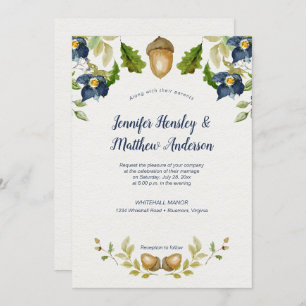 Invitation Feuilles de chêne floral bleu Acorns Mariage 