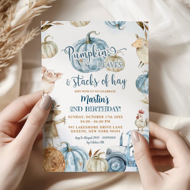 Invitation Feuilles de citrouille bleue et piles de foin d'an (Créateur téléchargé)